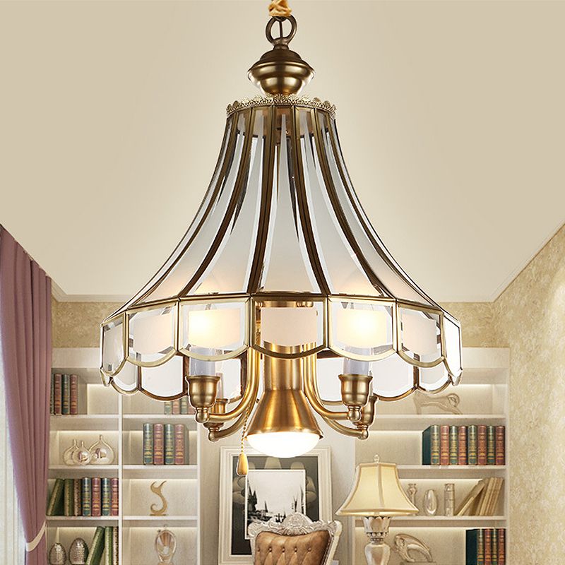 Brass Scallop Chandelier Pendant Light Colonial Sandblasted Glass 5 Lights Study Room Suspension Lamp