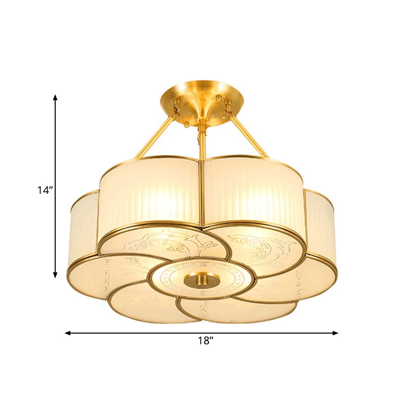 4/6 luci fiore semi-flush soffitto semi-flush apparecchio di illuminazione in metallo in ottone tradizionale con tonalità in vetro curvo bianco, 18 "/23,5" W
