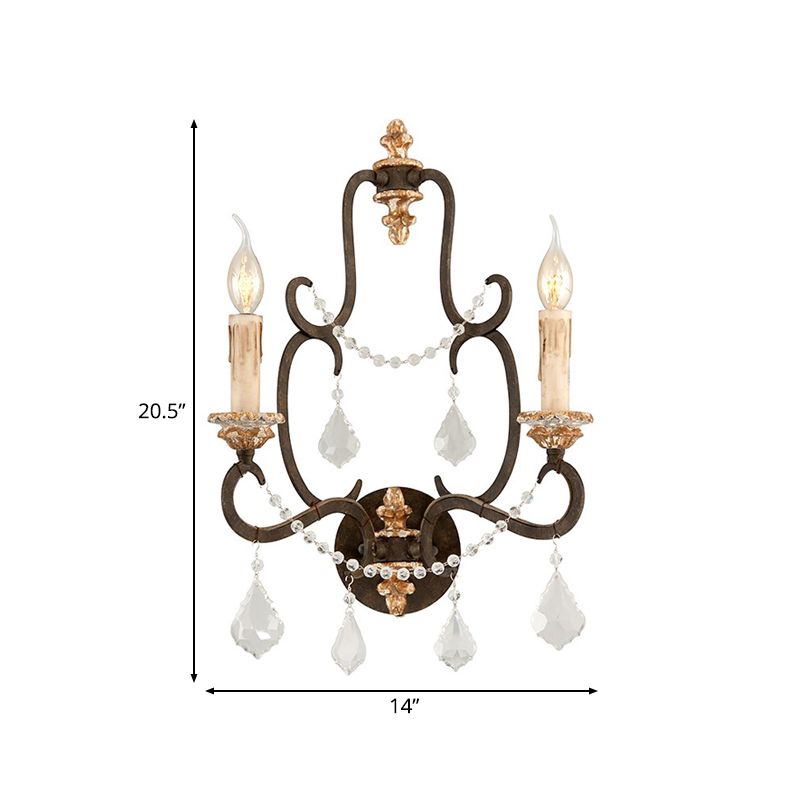 Black 2 Lights Sconce Light Rustic Metal Candle Mur Mury Lighting pour le salon avec décoration en cristal transparent