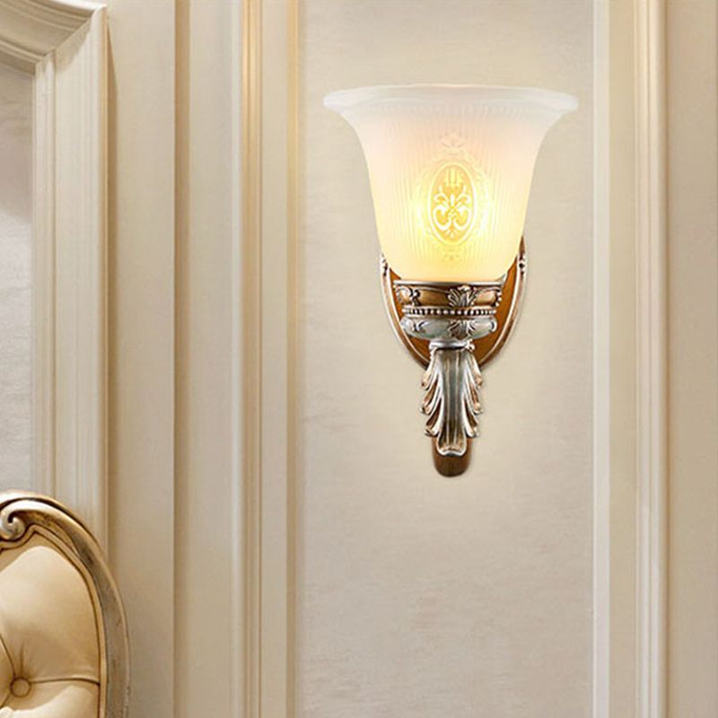 1/2-Head Wall Sconce Traditional Bell Shape Fluted Opal Glass Wall Lighting Idea in Brown