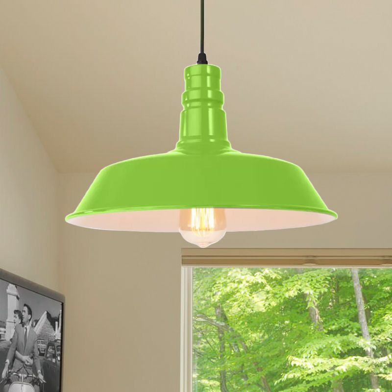 Metal Barn Shade Hanging Lamp Retro Style 1 Bulb Living Room Ceiling Pendant Fixture in Pink/Yellow, 10"/14"/18" Diameter