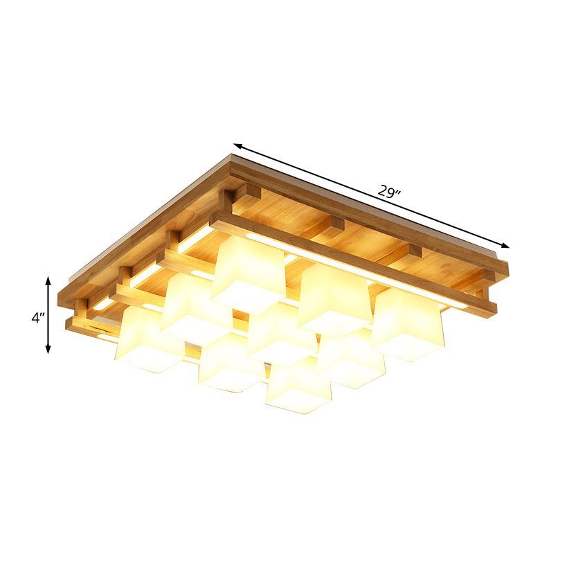 Wood Square Flush Mount Lighting Modernist 1/4/9 Lights Brown Led Flush Mount Light with White Glass Cubic Shade in White / Warm Light