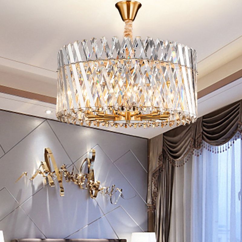 Tri-Sided Crystal Rod Drum Ceiling Light Contemporary 10 Heads Chandelier Light Fixture