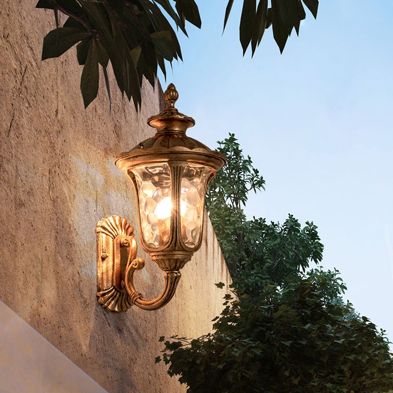 Luz de montaje de pared de campana de bronce, vidrio de ondulación tradicional de 1 luz, iluminación de pared al aire libre