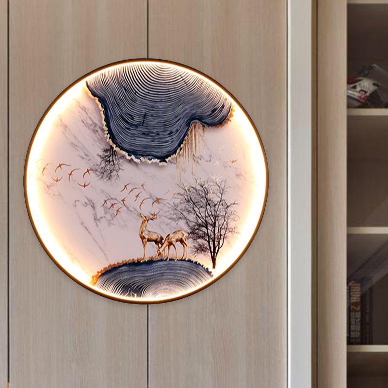 Elk/Bird Painting Wall Mural Lamp Asia Fabric Black LED Sconce Light Fixture for Tearoom