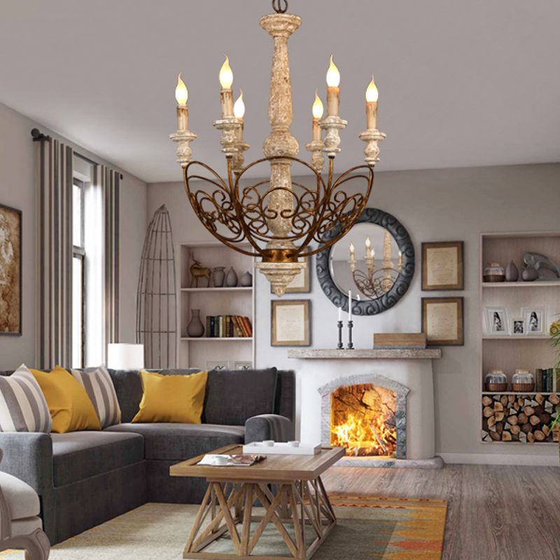 Brass 6 lumières lustre éclairage rustique en bois candélabre pendentif pour le salon