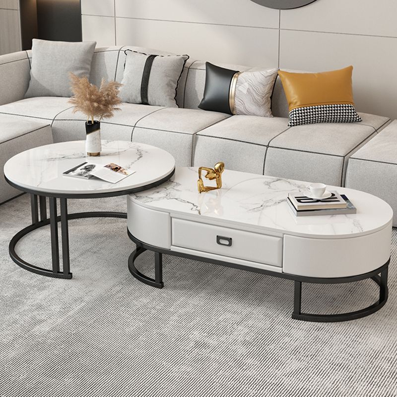 Glam Nesting Coffee Table Set Frame Round Slate Coffee Table with Drawer