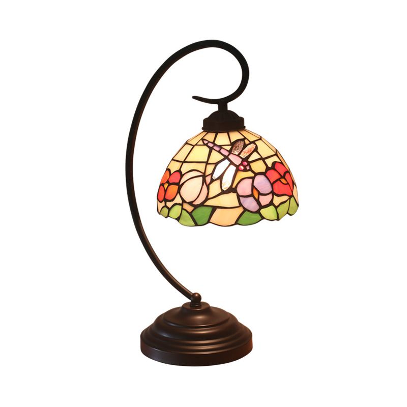 Domed Night Table Lighting Mediterranean Cut Glass 1 Head Dark Coffee Dragonfly and Flower Patterned Desk Light