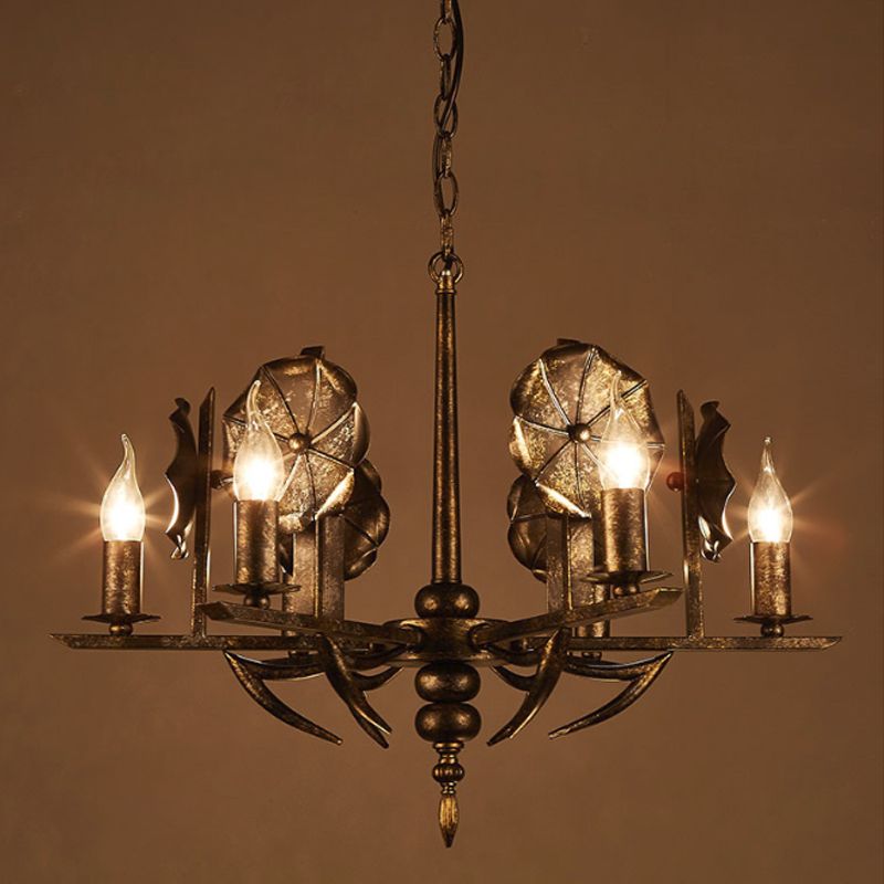Vintage Aged Brass Chandelier Candle 6 Lights Metallic Pendant Lamp for Farmhouse Cottage