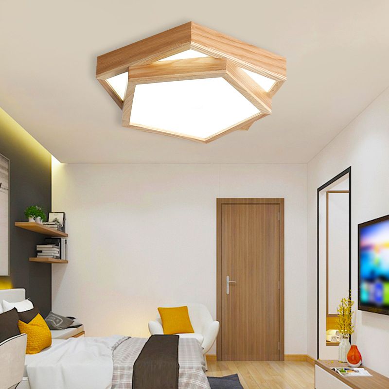 Simple Pentagon Flush Mount Light 2-Light Wood LED Ceiling Light for Bedroom