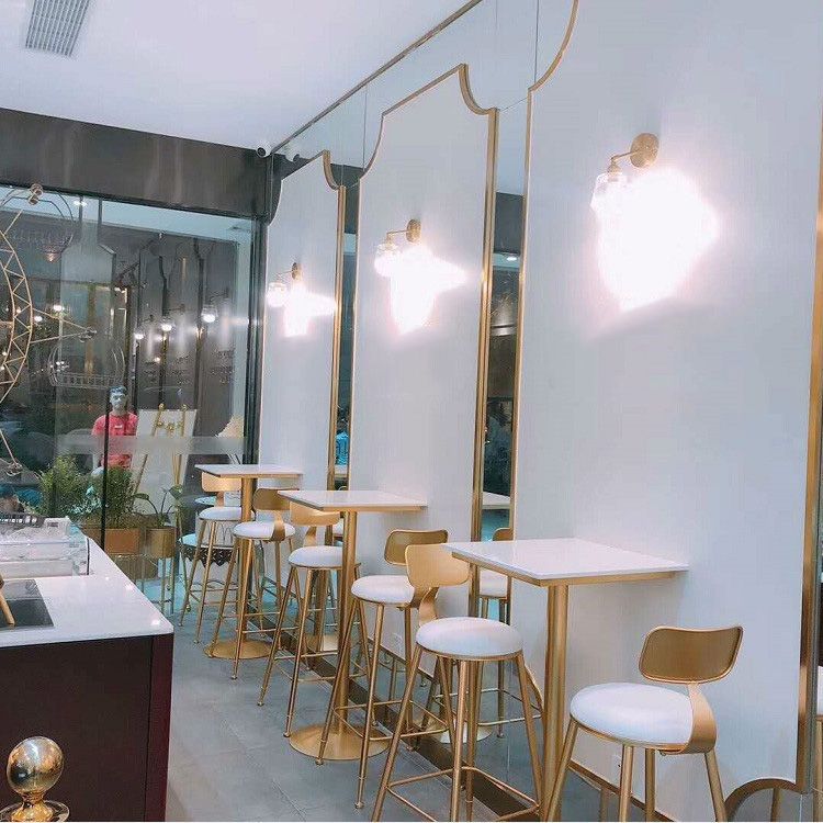 Scandinavian Coffee Shop Counter Stools Footrest Metal Backrest Gold Frame Bar Stool