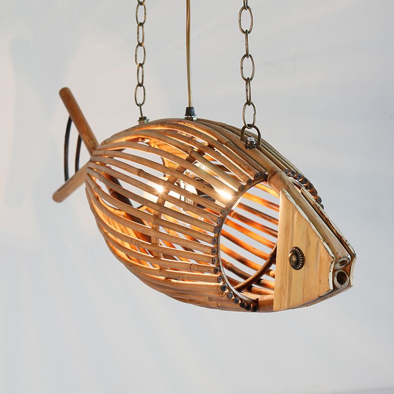 Bamboo Fish Cage Hanging Pendant Asian Style 2-Head Beige Ceiling Chandelier for Dining Room