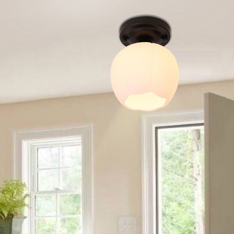 Glass Shade Semi Flush Mount Light Modern Aisle Semi Flush Mount Ceiling Lighting in Black