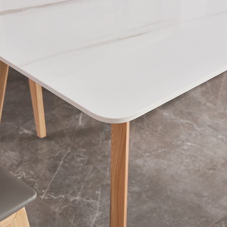 Rectangle Contemporary Dining Room Table White Sintered Stone Table with Ash Solid Wood Base
