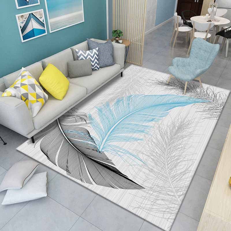 Blue Modern Area Carpet Feather Pattern Polyester Area Rug Non-Slip Backing Rug for Living Room