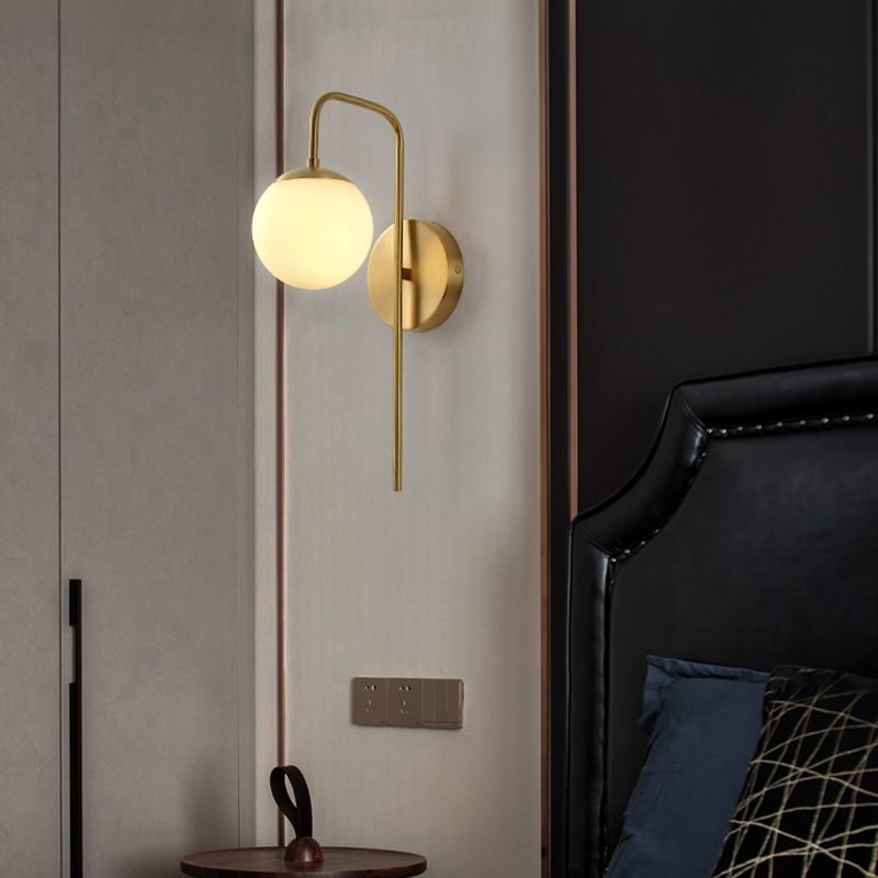 Sphere Wall Mounted Lamp Minimal Frosted Glass 1 Bulb White Sconce Lighting with Gold Gooseneck Arm