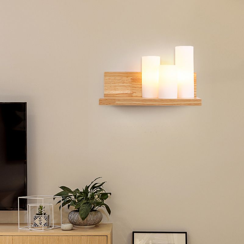 Asian 3 Heads Sconce Wood Tube Wall Lighting Fixture with Opal Glass Shade for Dining Room