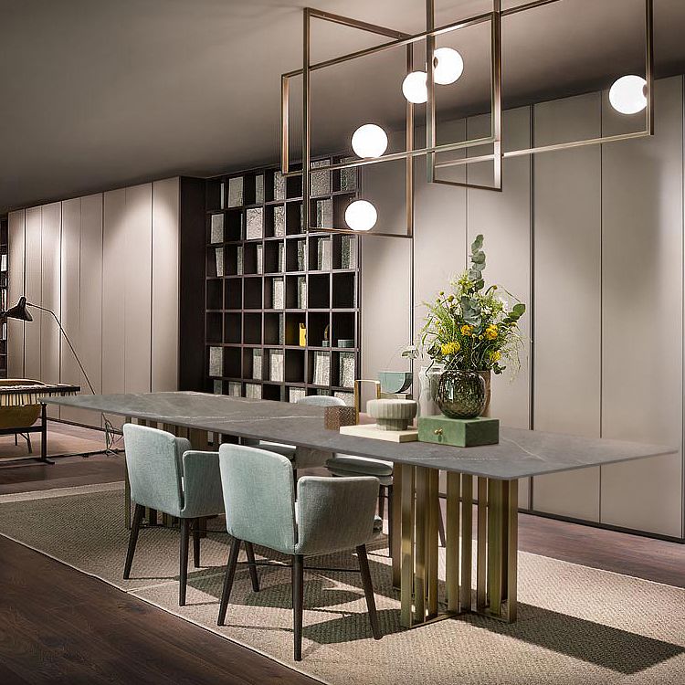 Industrial Rectangle Home Furniture Stone Double Pedestal Dining Table for Home
