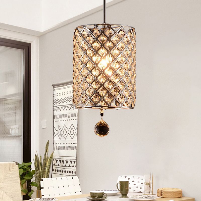 Facettiertes Kristallfinial Zylindrisch hängende Anhänger moderne 1 Kopf Wohnzimmer Deckenlampe in Silber