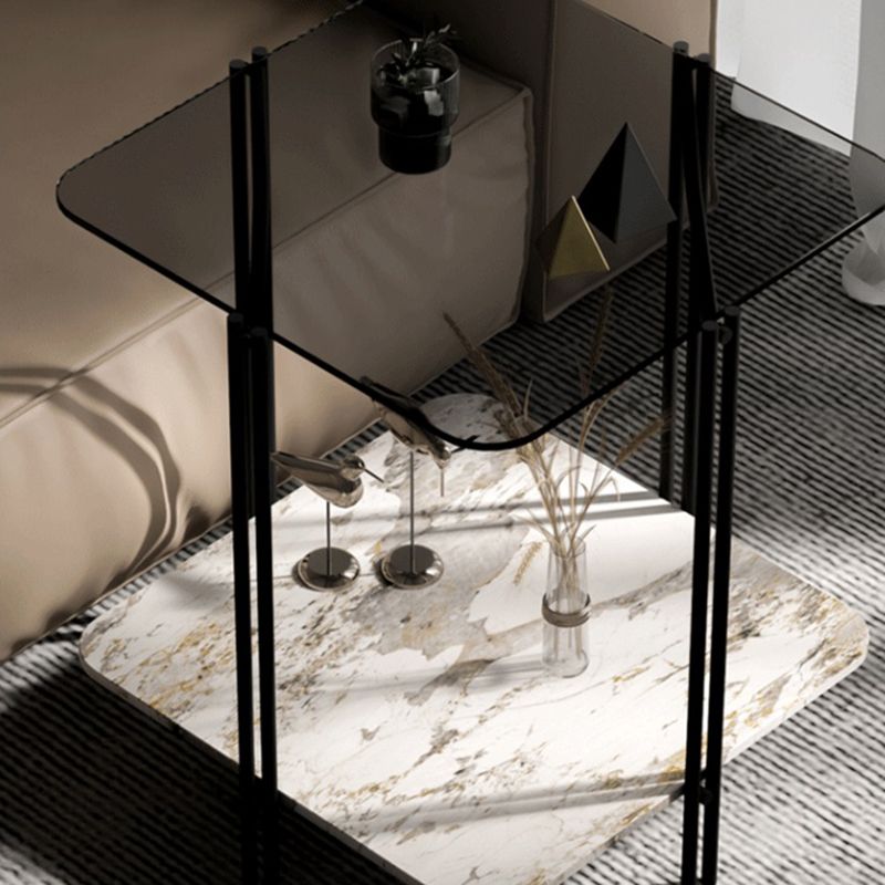Modernistic Glass Top Square End Table 23.7" Tall Side Table with Shelf