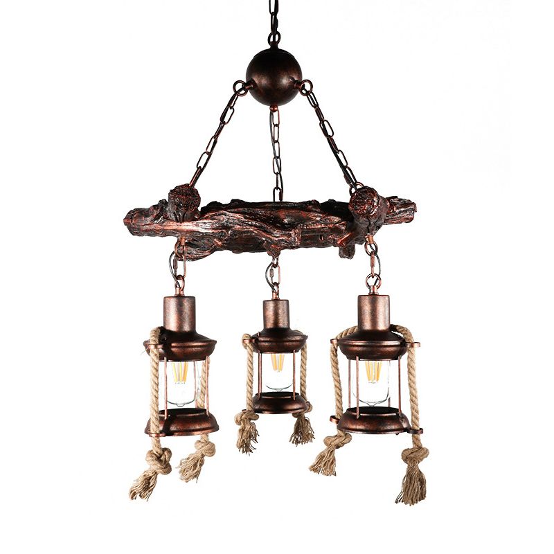 Nautical Circle/Wheel Hanging Light Kit 3/7 Heads Metallic Chandelier Pendant with Lantern and Rope Cord in Copper