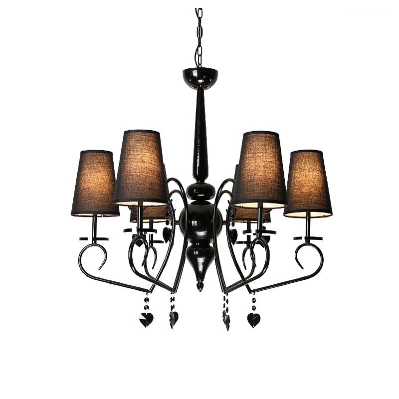 Fabric Tapered Hanging Ceiling Light Rustic 6/9 Lights Living Room Chandelier Light in Black