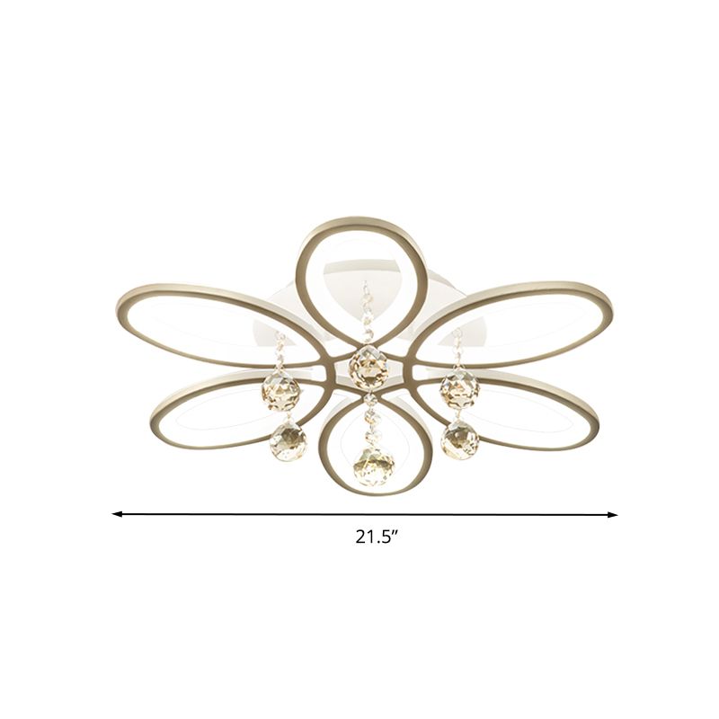 Plafonnier LED moderniste en acrylique à motif floral blanc avec boule de cristal pour chambre à coucher
