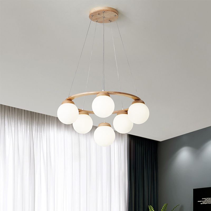 Houten cirkelvormige kroonluchter eenvoud hangend licht met bol wit glazen schaduw