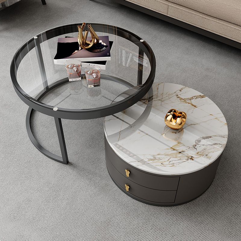 Modern Coffee Cocktail Table Round Nesting Coffee Table Set with Drawer