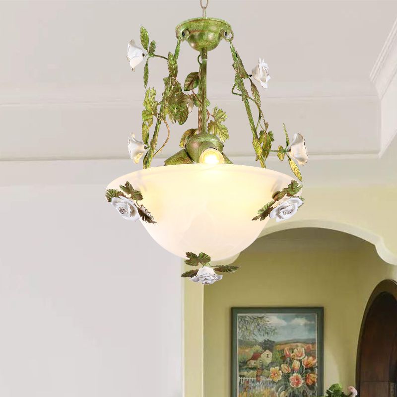 White Glass Bell Shape Pendant Chandelier American Flower Dining Room Hanging Light in Green