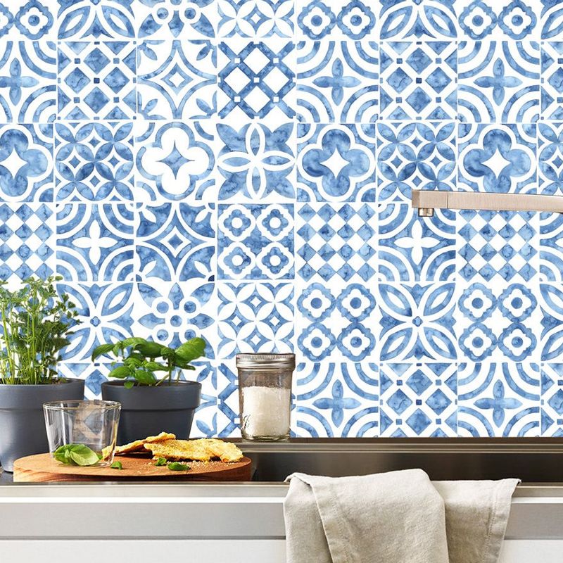 Bohemian Flower Peel Wallpaper Panels Blue Tile Look Wall Art for Living Room (20 Pcs)