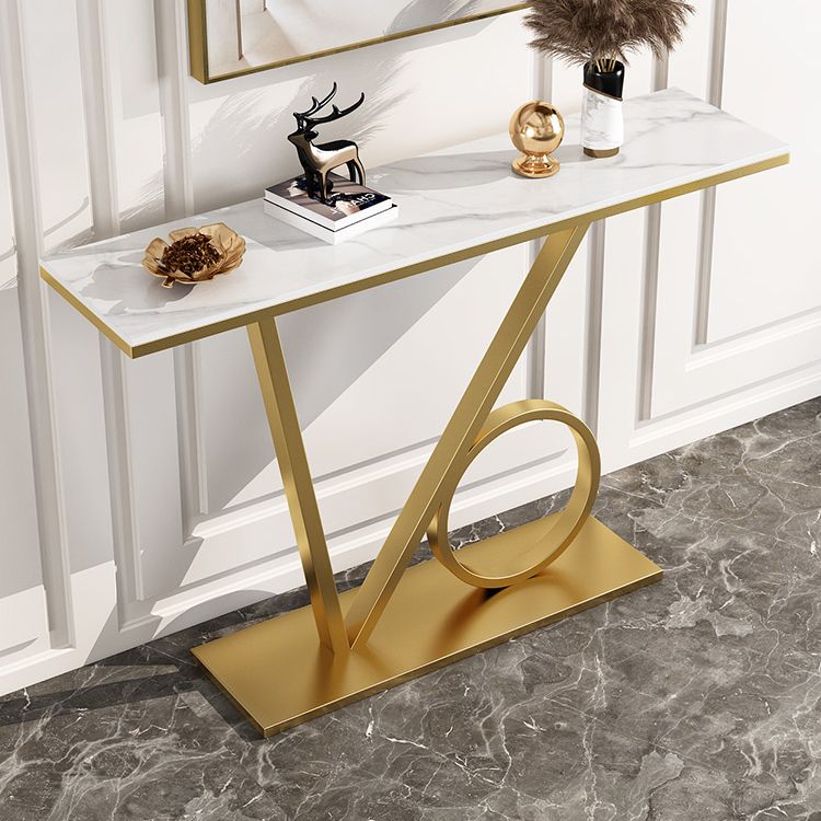 Scratch Resistant Console Table with Rectangle Stone Top and Pedestal Base