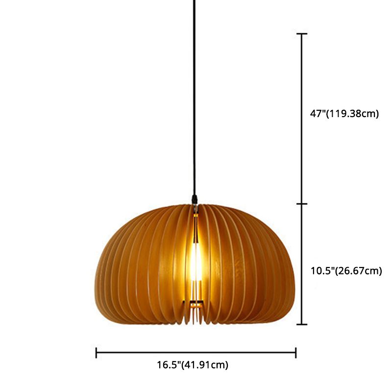 Japanese Style Solid Wood Slices Shade Hanging Light 1-Light Pumpkin Shape Lighting Fixture for Kitchen Dining Room