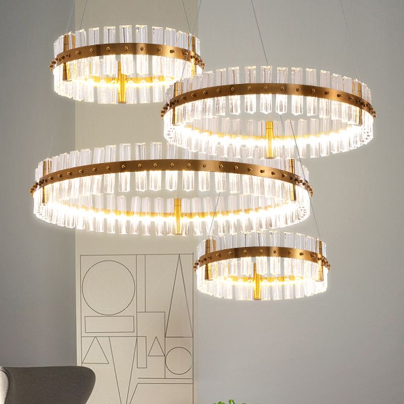 Gold Plated Round Chandelier Lamp Minimalist Crystal LED Hanging Light with Riveted Detail