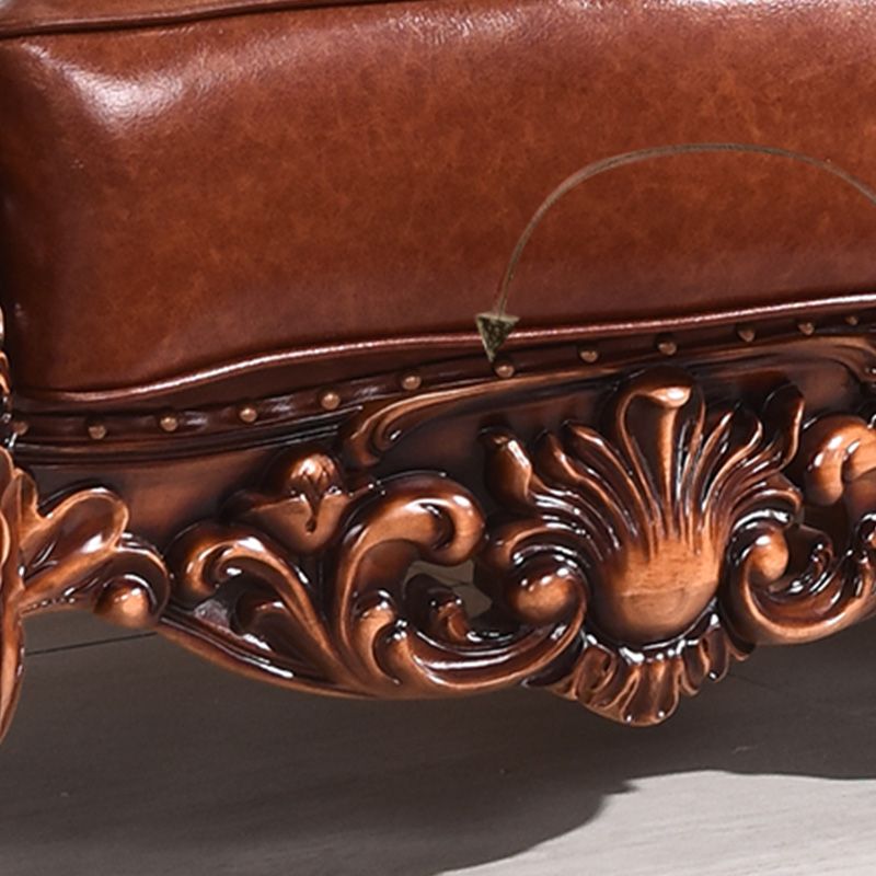 Genuine Leather Sofa Brown Tufted Split-Back Rolled Arm Sofa