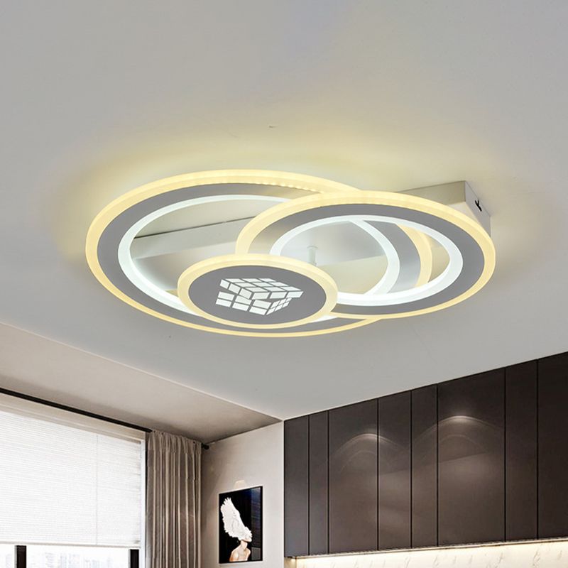 3-Circular Semi Mount Lighting Modernism Acrylic LED White Close to Ceiling Lamp for Bedroom