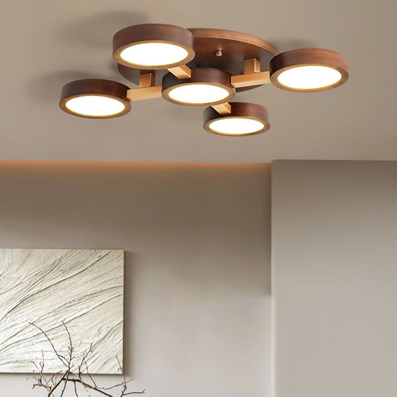 Brown Wood Modern Flush Mount Circle Shape Ceiling Light with Acrylic Shade for Passage