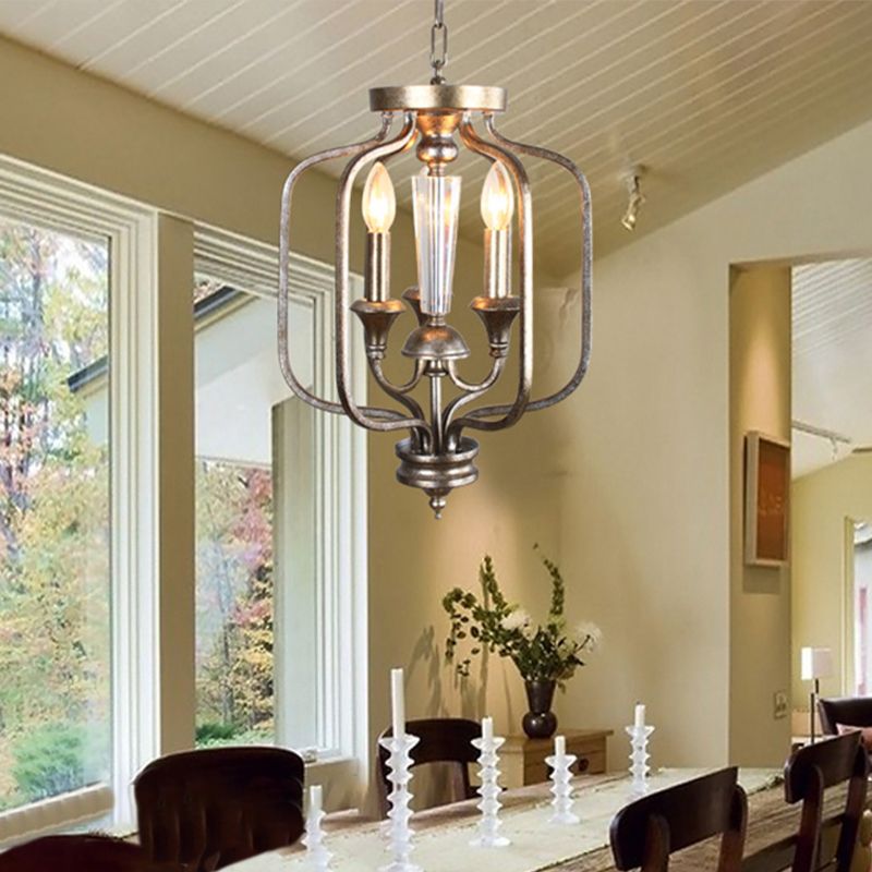 Traditional Candle Hanging Chandelier Metal 3 Bulbs Suspension Light in Aged Silver for Dining Room