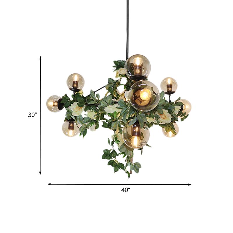 10/14-Bulb Island Pendant Industrial Globe Smoke Gray Glass Hanging Light in Black with Geometric Cage