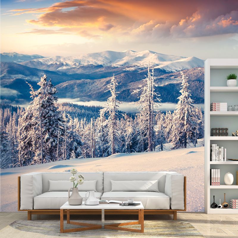 Big Modern Mural Decal White Aerial View of Cypress and Snow Mountain Wall Decor, Custom Printed