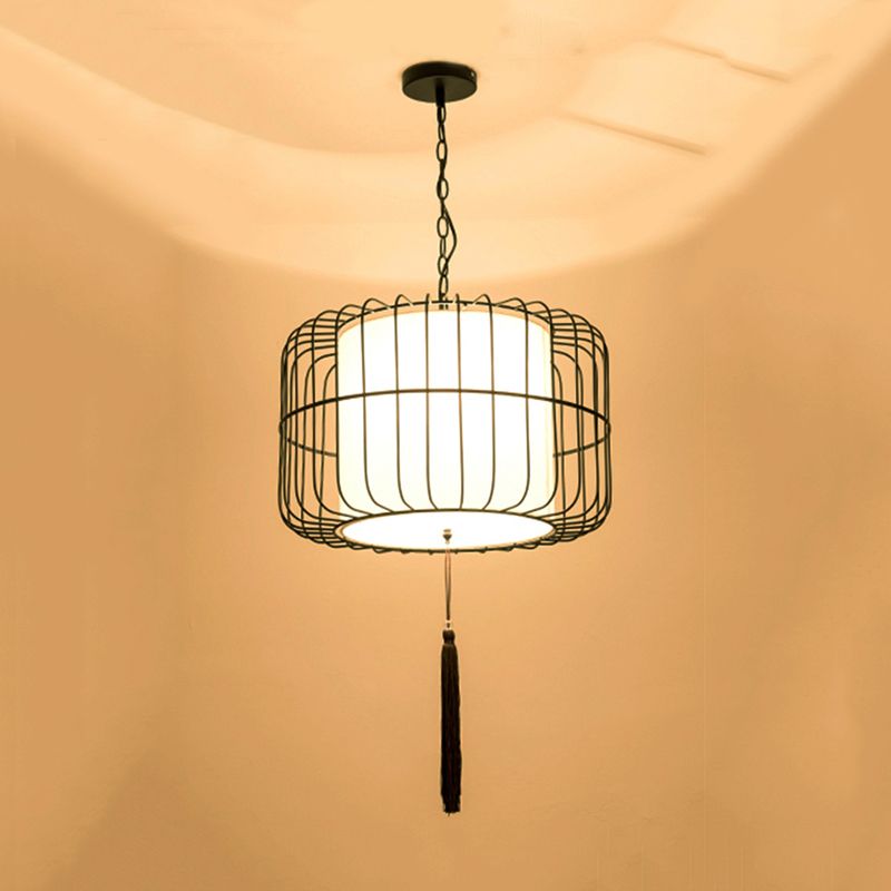 16 "/19.5" breiter Stoff schwarzer Hanghänge Anhänger Lantern 1 Licht traditionelle stylische Down -Beleuchtung