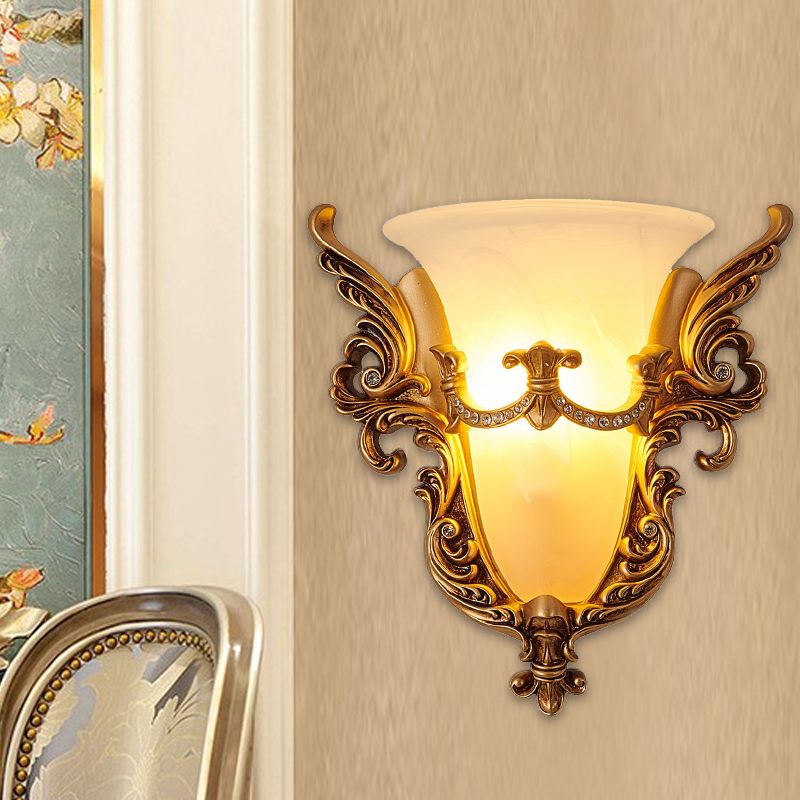 Opal Glass Gold Wall Sconce Elongated Bell 1-Bulb Cottage Wall Mounted Lighting for Living Room