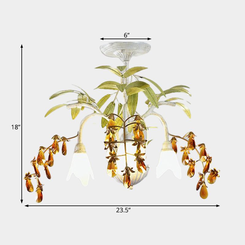 Lumière de lustre de fleurs rustiques 3/6 lumières blanches Verre-lumière suspendus avec décoration en cristal ambre