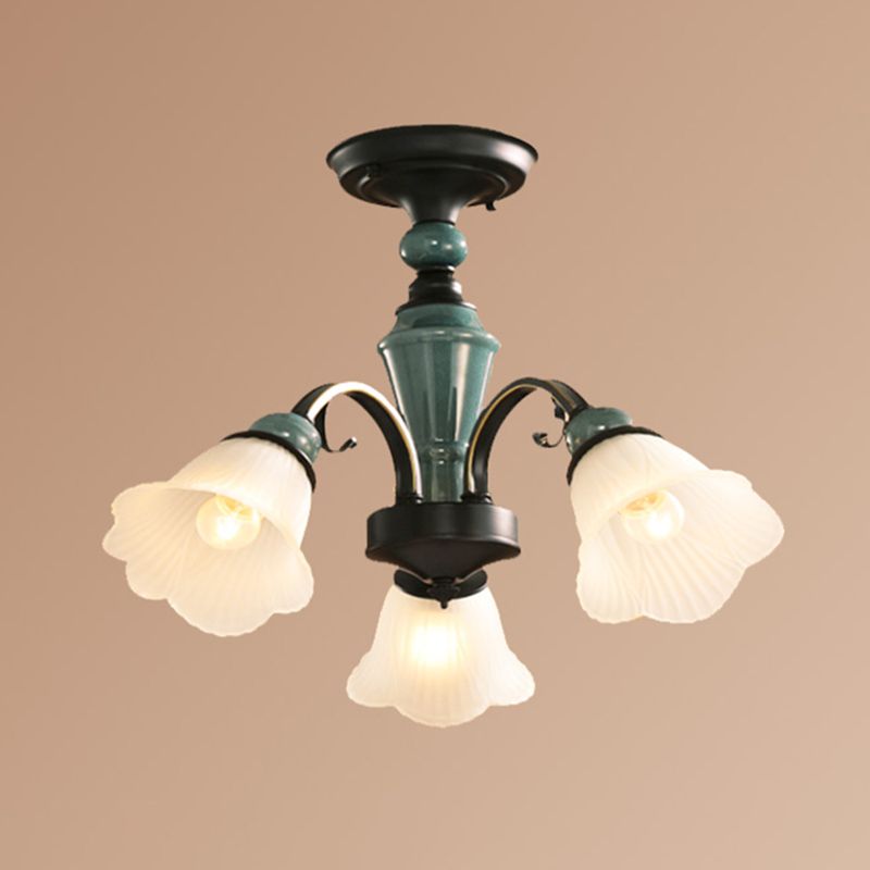 Green Flower Shade Flush Mount Light Retro Ribbed Glass Living Room Semi Flush Chandelier