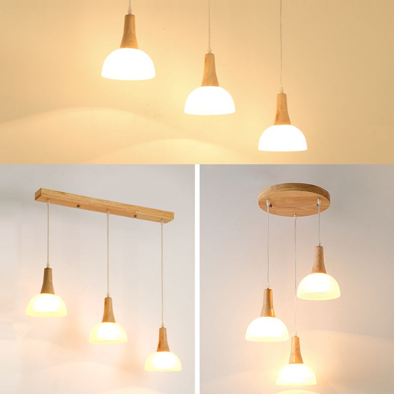 Nordic 3 Lights Pendant Wood Geometric Hanging Light Fixture with White Glass Shade