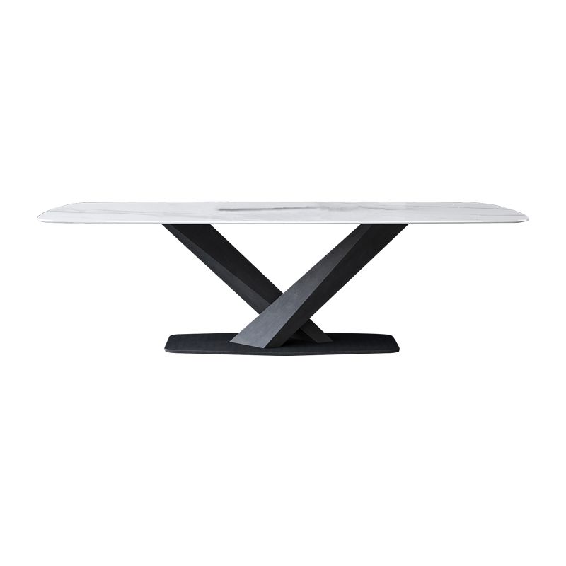 Modern Style Sintered Stone Dining Table with White Table and Black Trestle Base for Home Use
