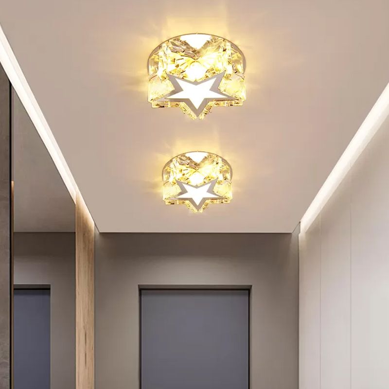 Circle/Star Flush Mount Fixture Simplicity Crystal Block Stainless-Steel LED Close to Ceiling Lighting for Corridor