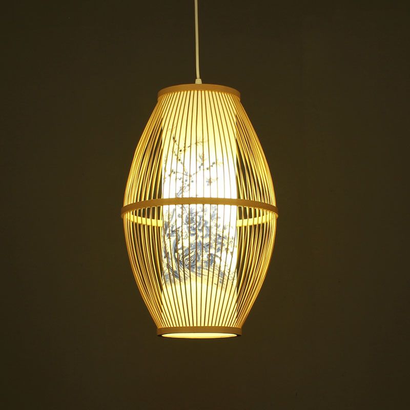 Simplicity Oval Pendant Ceiling Light Bamboo 1 Bulb Restaurant Hanging Light in Wood
