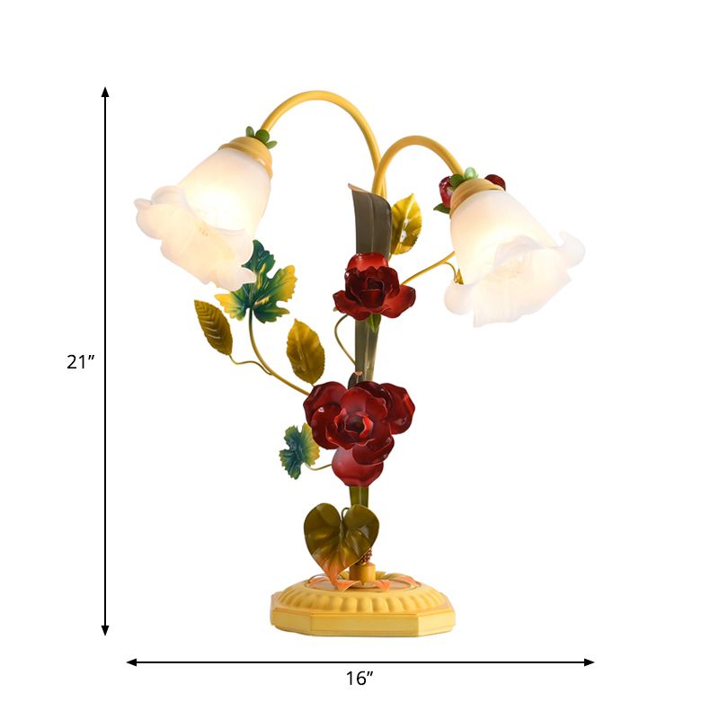 Lampada da tavolo giallo in vetro smerigliato fiore single lampadina antica luce di rosa con braccio ad arco