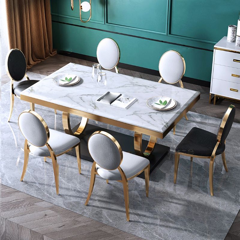 Luxury Marble Dining Table for Restaurant Rectangle Table with Metal Pedestal in Gold